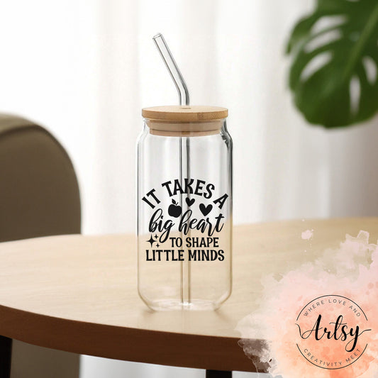 500ml Can Shaped Tumbler Glass with Bamboo Lid & Straw - It Takes A Big Heart