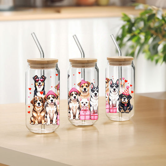 500ml Can Shaped Tumbler Glass with Bamboo Lid & Straw - Puppy Love