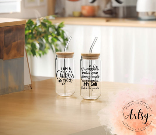 500ml Can Shaped Tumbler Glass with Bamboo Lid & Straw - I Am A Child Of God